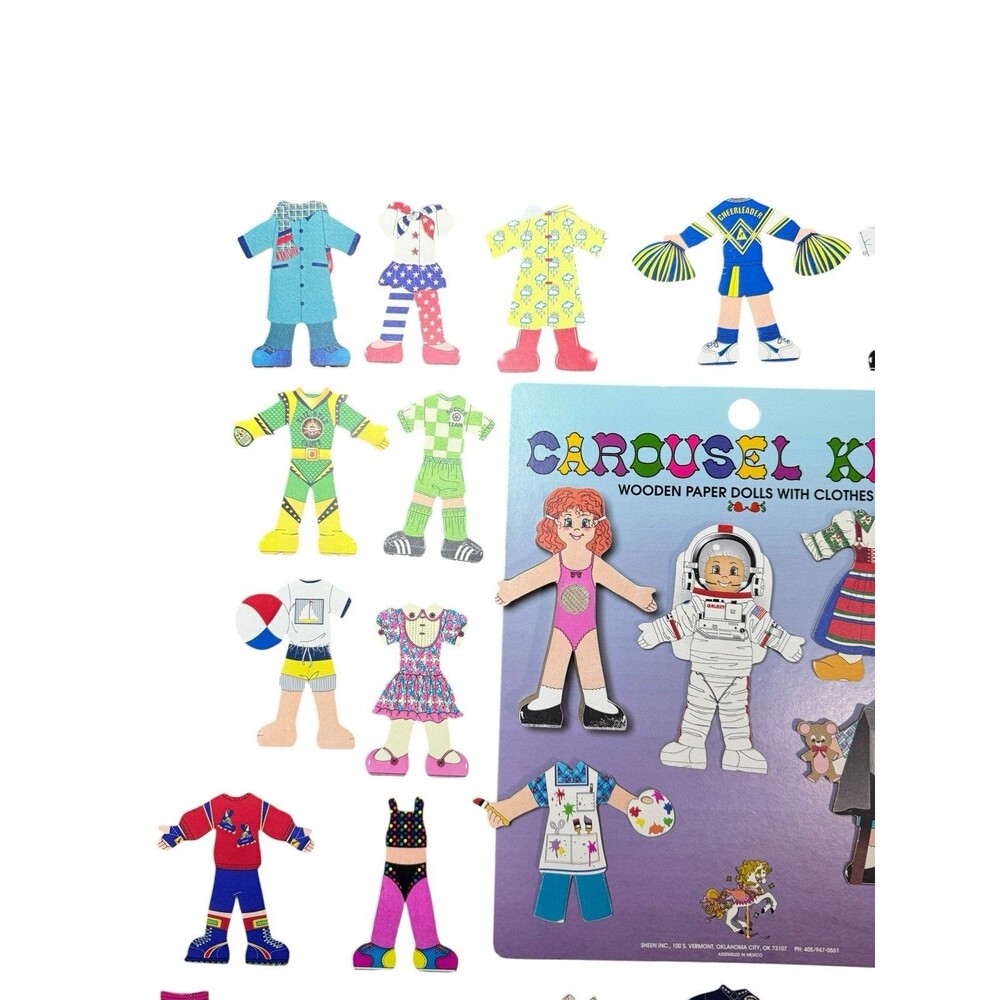 Vintage 1993 Carousel Kids Wooden Paper Dolls with Clothes 32 Outfits Red Hair - Picture 2 of 5